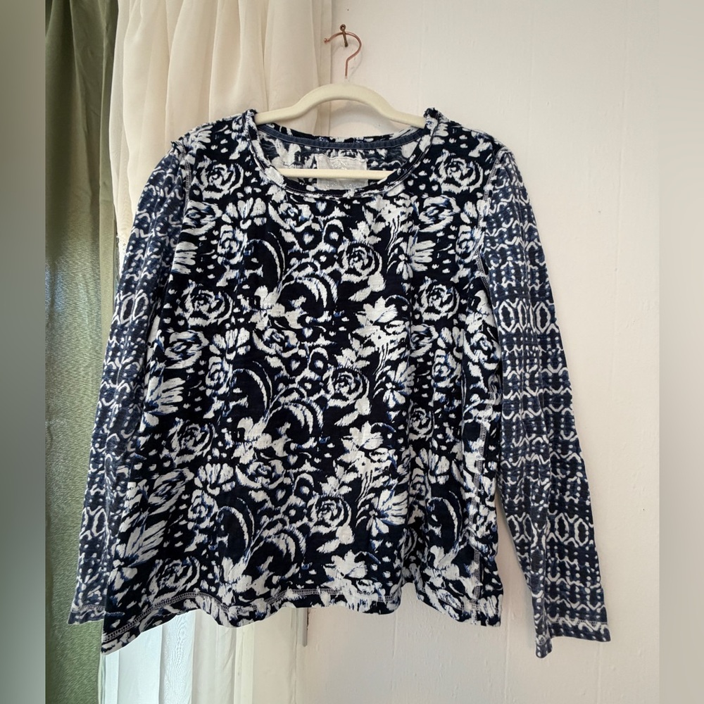 Cino Batik Floral Top Womens XX-Large Blue Boho Long Sleeve Cotton Mixed Media‎